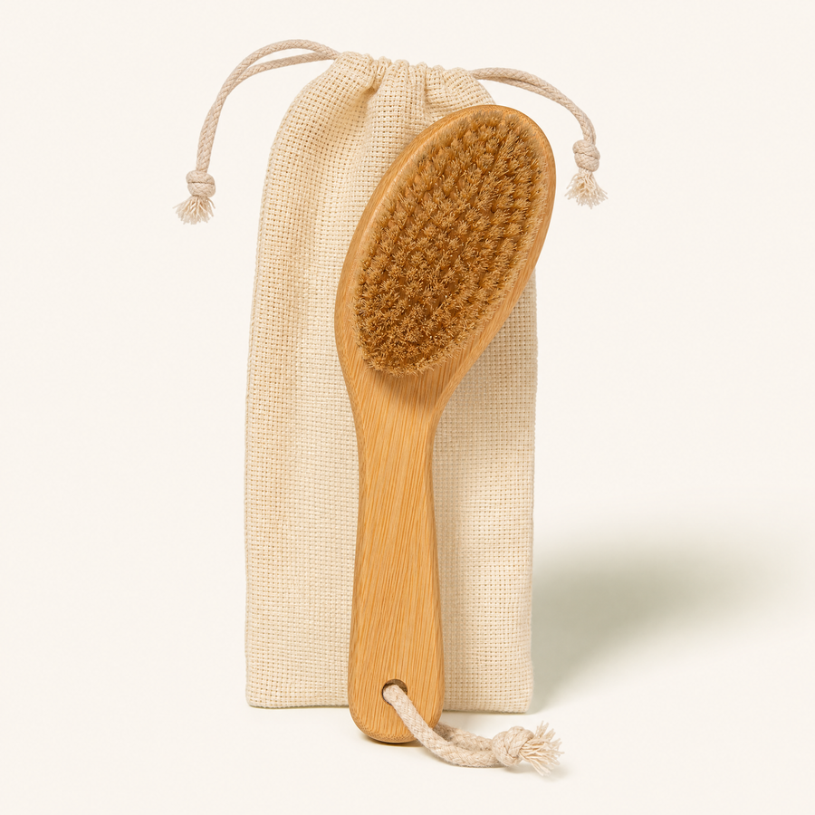 Dry Brush - Sustainable Bamboo Body Scrub Brush with Travel Bag and How-to Dry Brush Guide for Skin Care Great Gift for Self Care Exfoliating Cellulite Dry Skin - Conscious Coconut