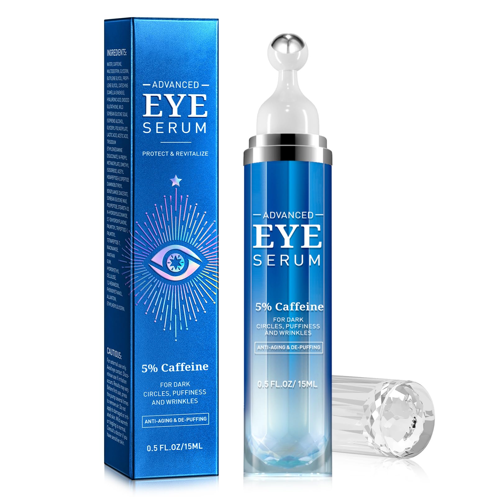 5% Caffeine Eye Cream Under Eye Serum for Women Eye Serum for Dark Circles Puffiness Eye Bags Fine Lines Wrinkles with 360° Eye Roller Massage Ball Morning Night Skin Care (15ml of 1)
