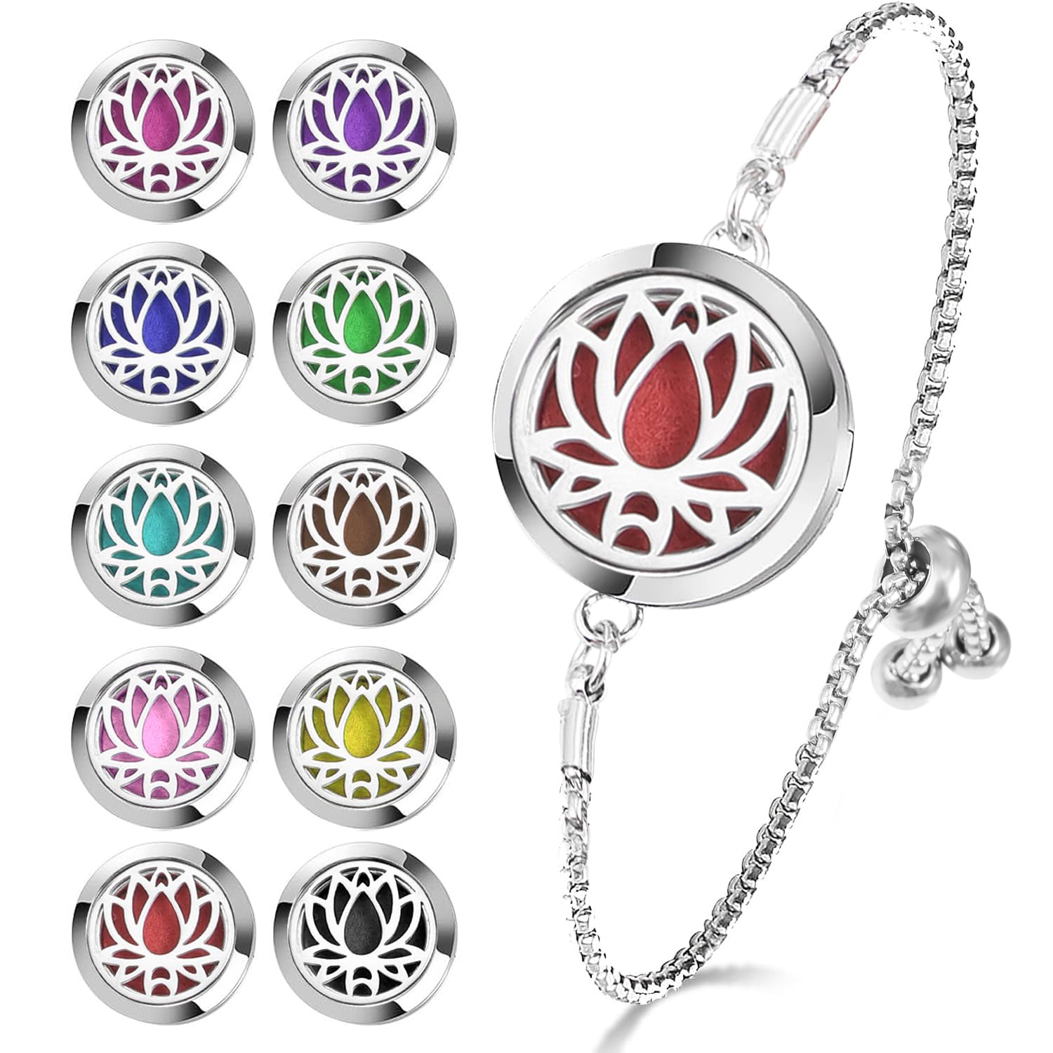 YWLI Essential Oil Diffuser Bracelet Aromatherapy Locket Adjustable Bracelet Stainless Steel Lotus Bracelet with 10 Pcs Refill Pads for Women Girls