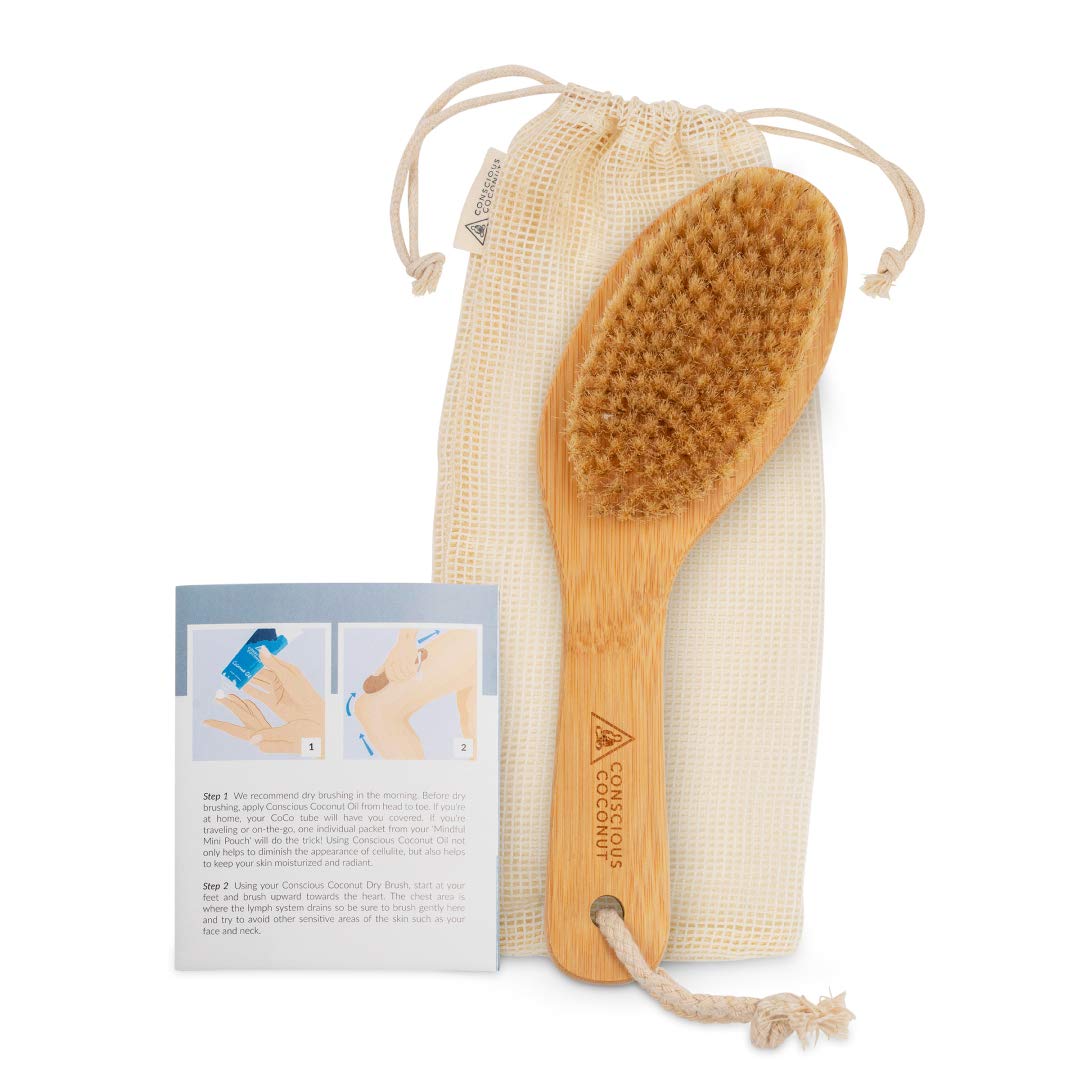 Dry Brush - Sustainable Bamboo Body Scrub Brush with Travel Bag and How-to Dry Brush Guide for Skin Care Great Gift for Self Care Exfoliating Cellulite Dry Skin - Conscious Coconut