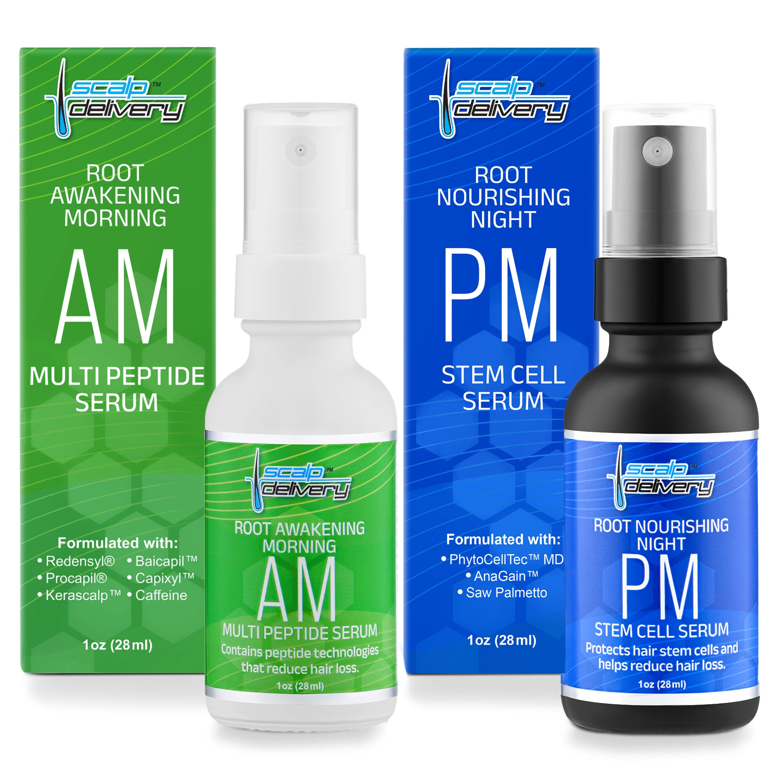 Scalp Delivery Peptide and Stem Cell Hair Growth Serum AM & PM Bundle - Hair Growth Products for Men & Women - Helps Reduce Hair Loss Strengthen & Thicken - Plant Based Scalp Serum for Thinning Hair
